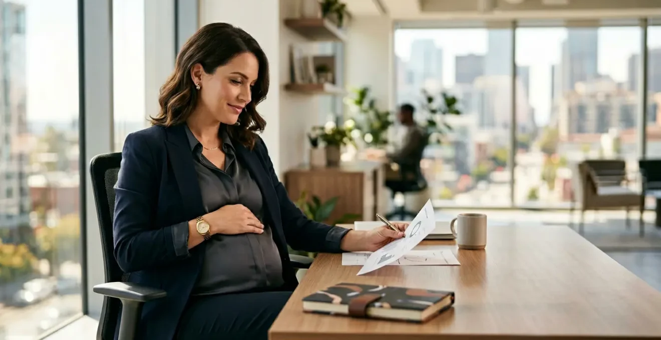 Femme enceinte professionnelle en tenue de travail, assise à son bureau moderne avec vue sur la ville, main posée sur le ventre avec sérénité