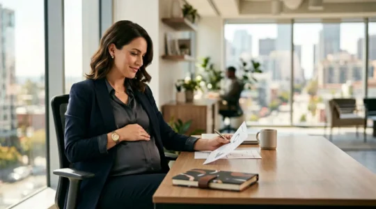 Femme enceinte professionnelle en tenue de travail, assise à son bureau moderne avec vue sur la ville, main posée sur le ventre avec sérénité