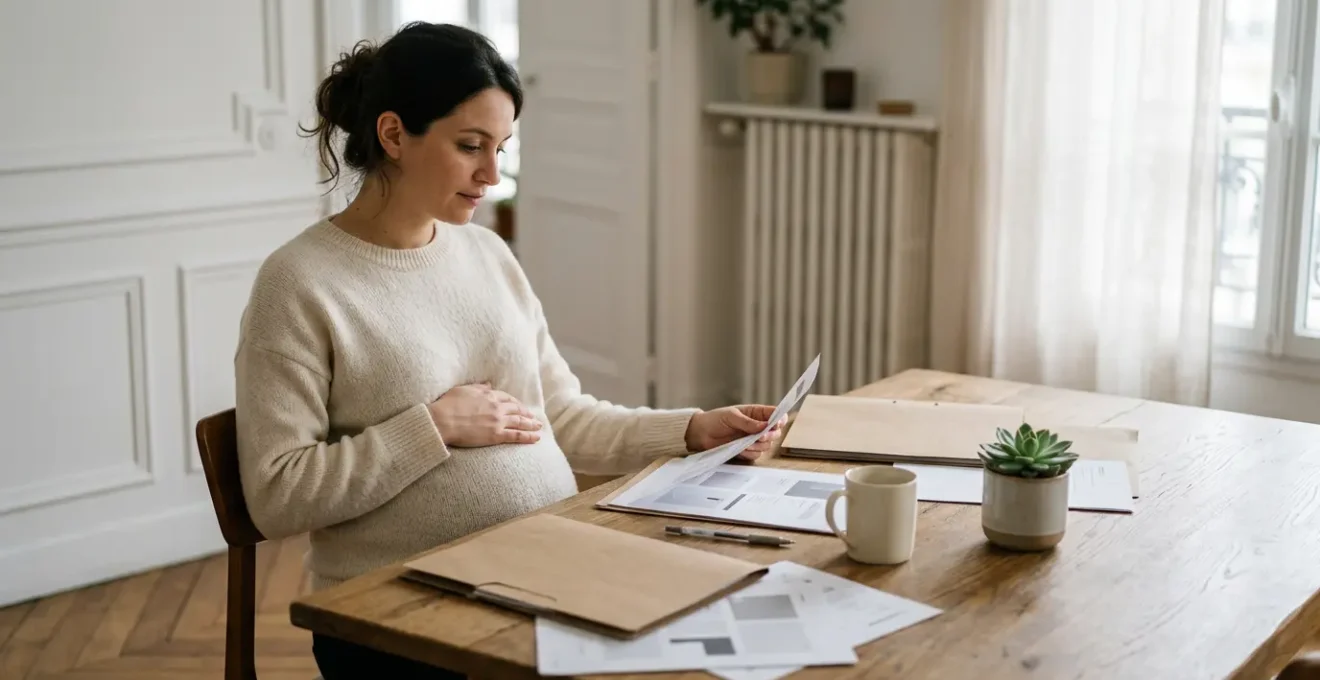 Femme enceinte organisant ses documents administratifs de grossesse dans un environnement serein et ordonné