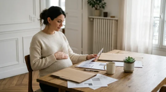 Femme enceinte organisant ses documents administratifs de grossesse dans un environnement serein et ordonné