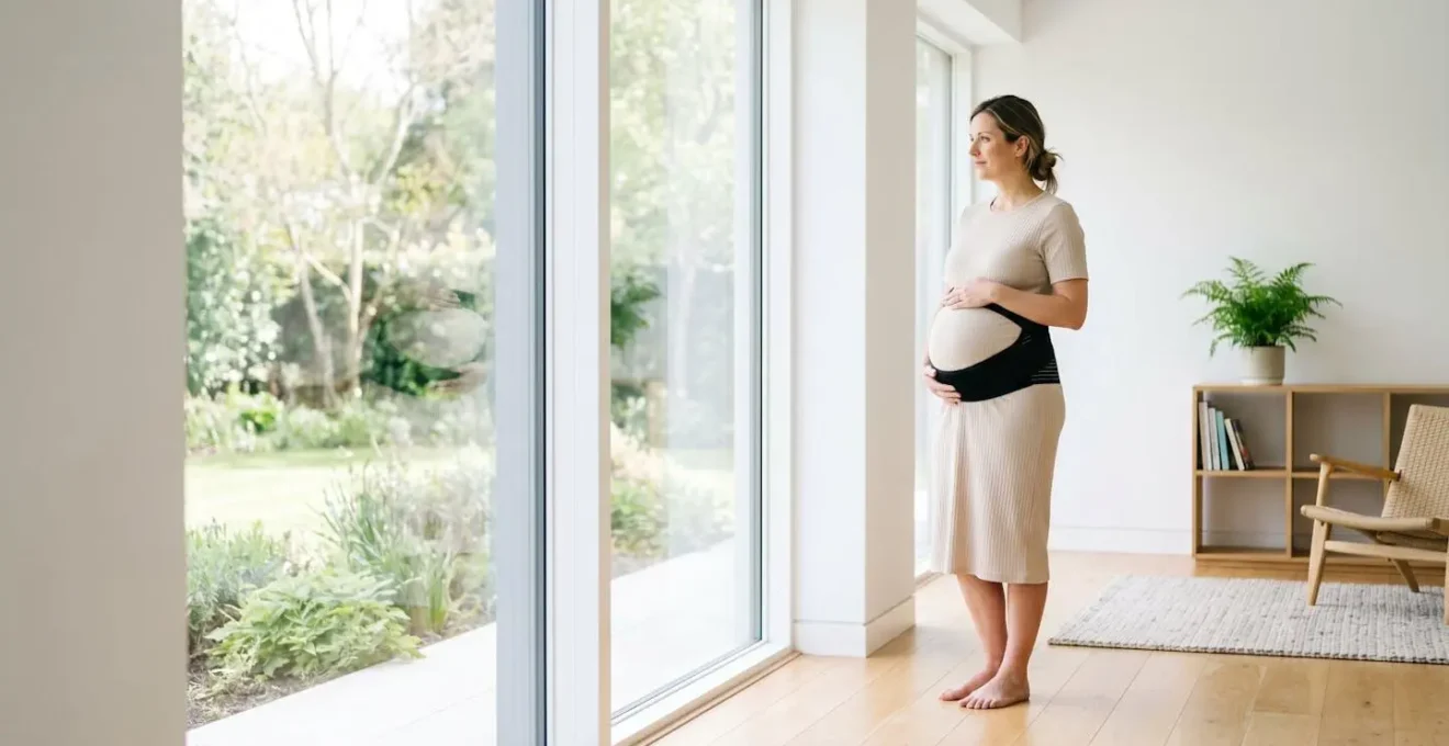 Femme enceinte de jumeaux utilisant une ceinture de soutien adaptée à son ventre volumineux, dans un intérieur lumineux.