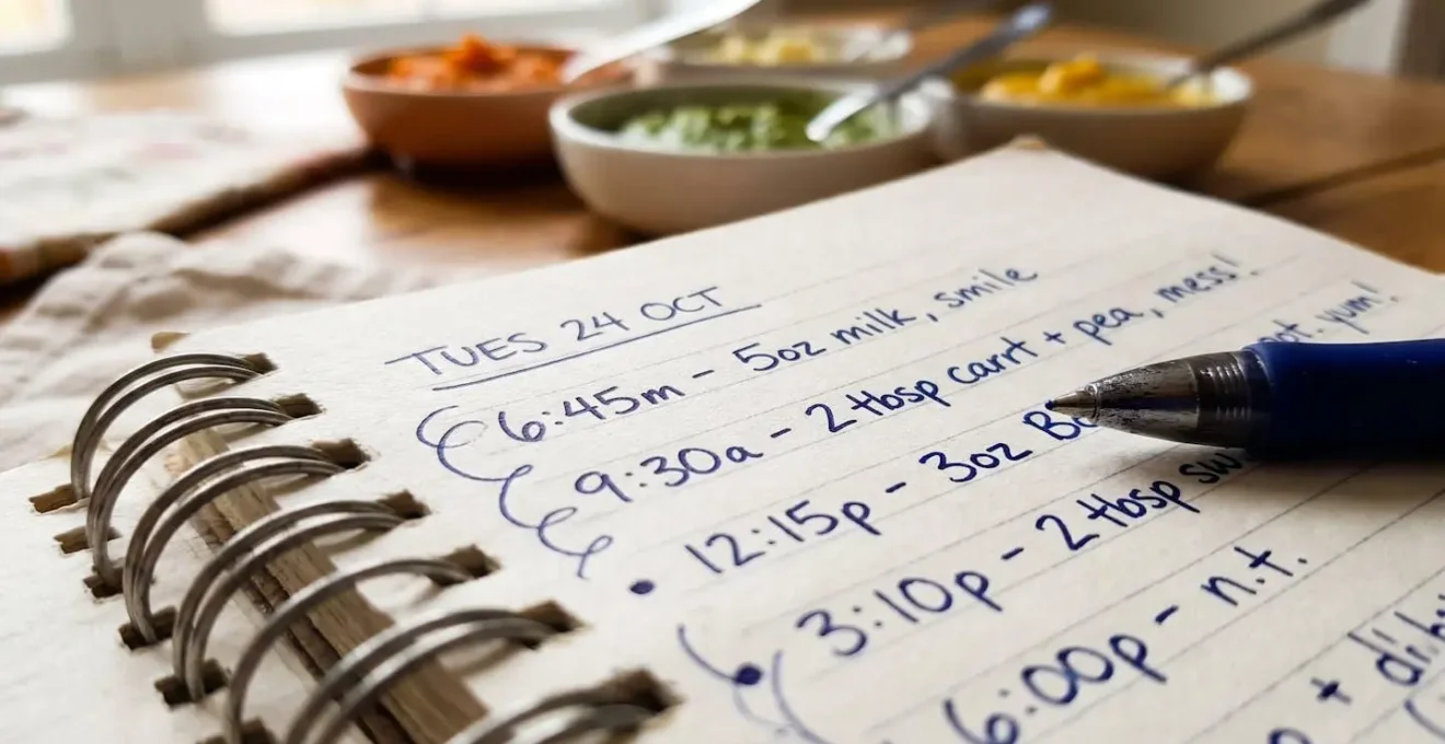 Carnet de suivi alimentaire ouvert avec stylo sur table en bois