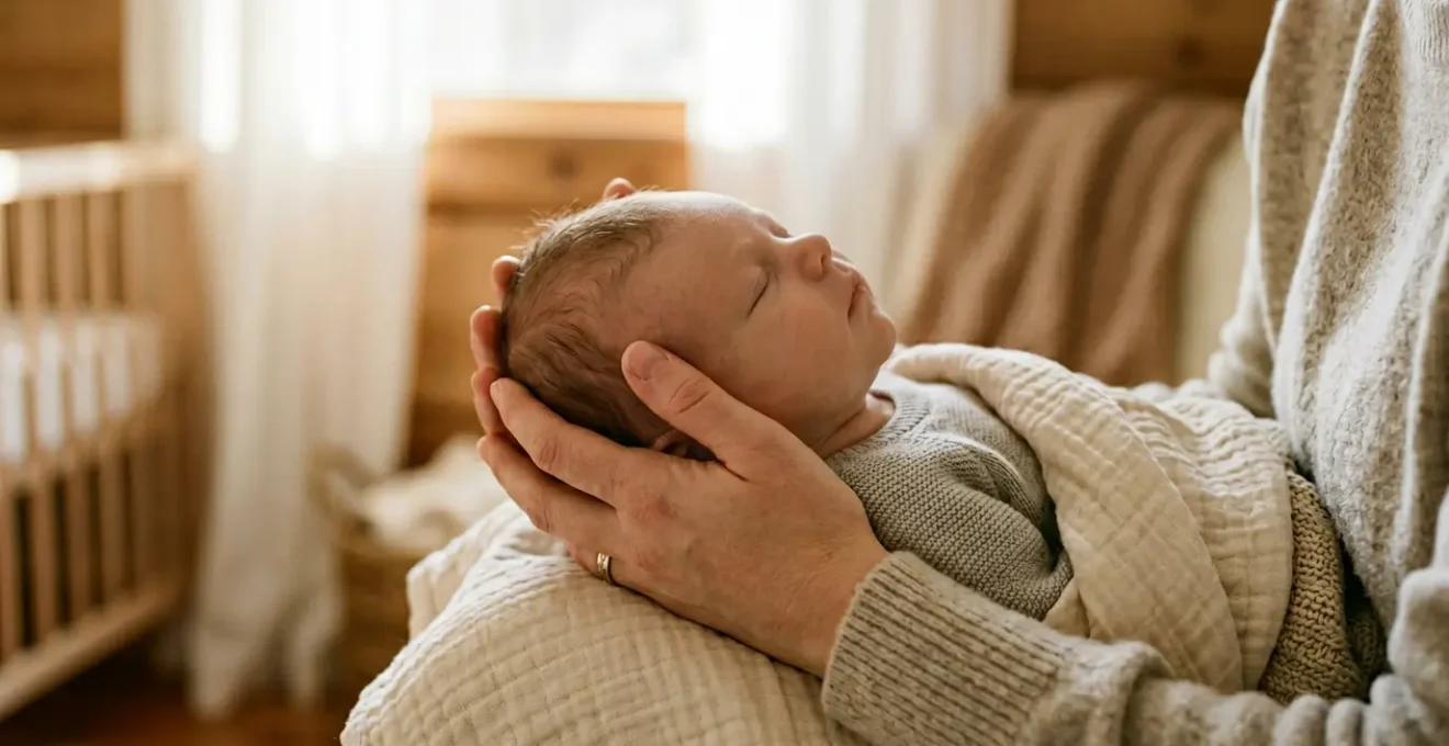 Mains d'un parent tenant délicatement la tête d'un nourrisson pendant un lavage de nez, ambiance douce et rassurante