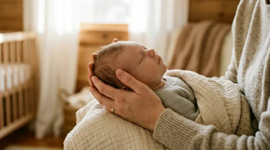Mains d'un parent tenant délicatement la tête d'un nourrisson pendant un lavage de nez, ambiance douce et rassurante