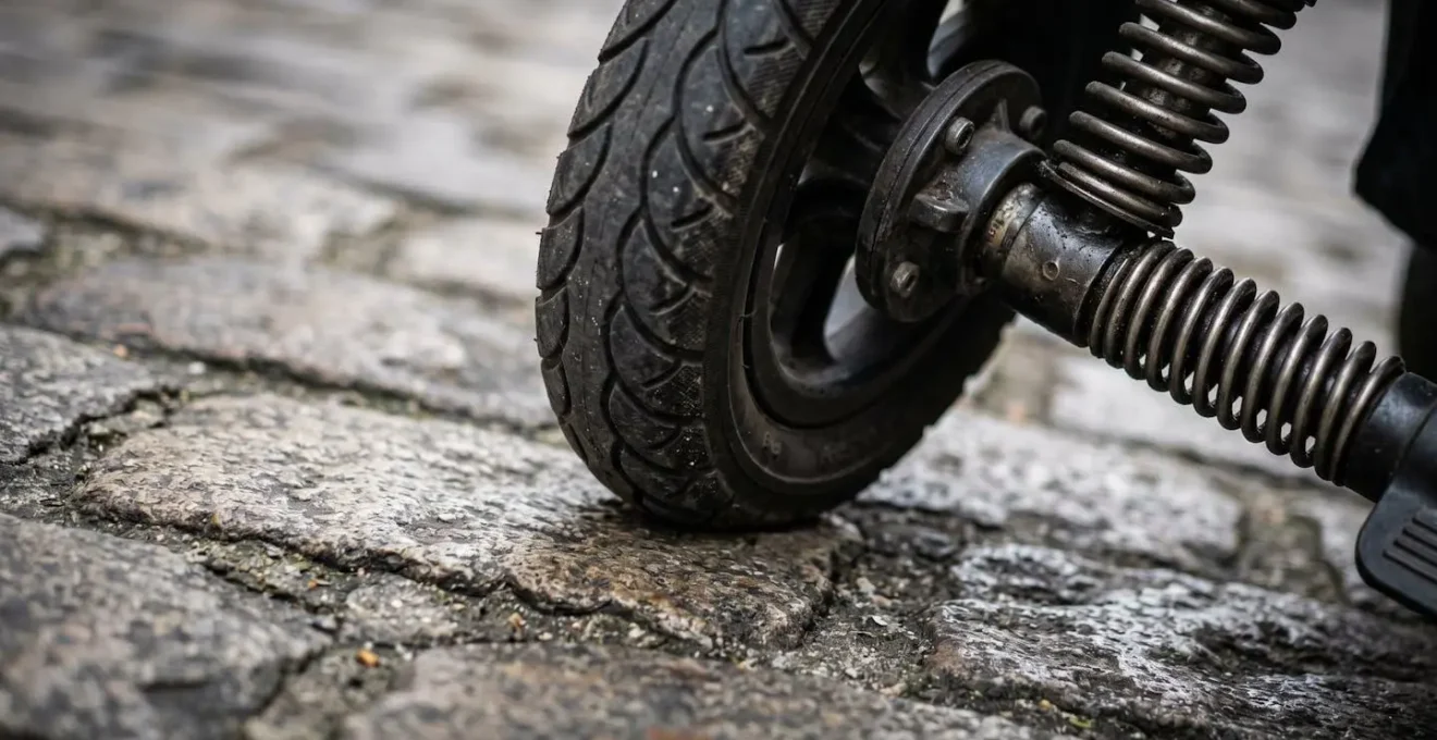Gros plan sur les roues et suspensions d'une poussette citadine sur pavés
