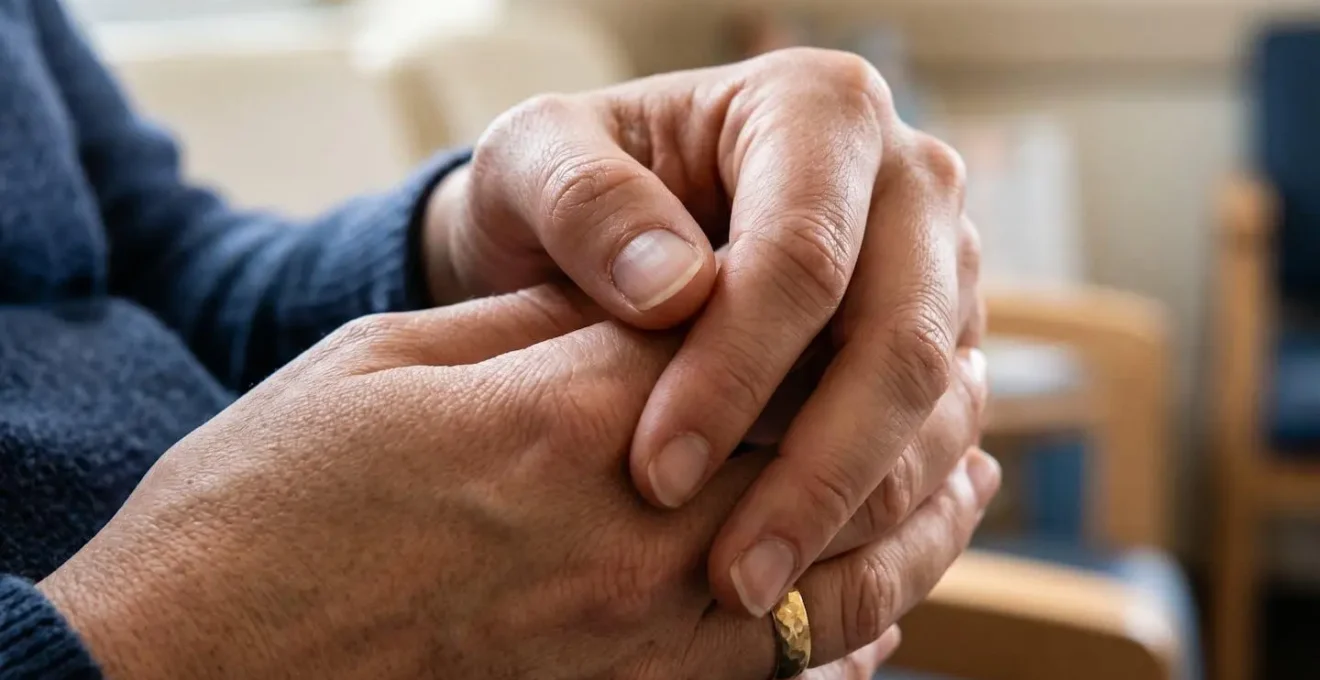 Gros plan sur les mains d'une femme enceinte pratiquant un geste d'ancrage discret