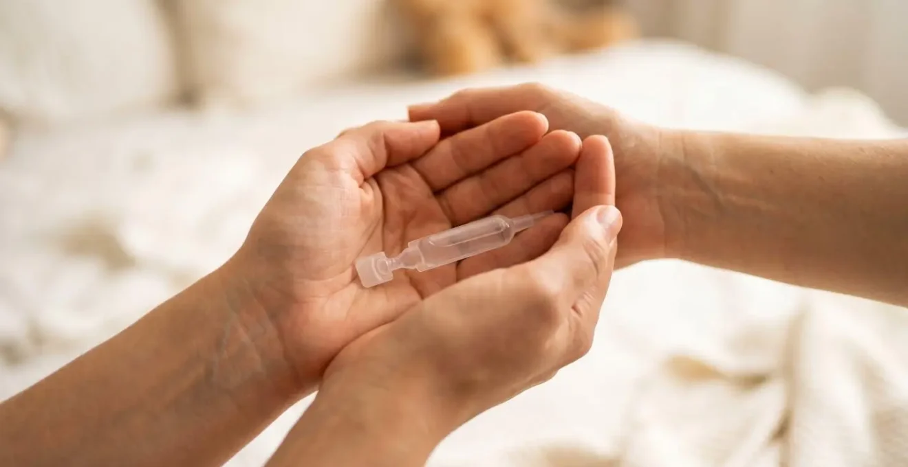 Mains en coupe tenant délicatement une pipette de sérum physiologique pour la réchauffer