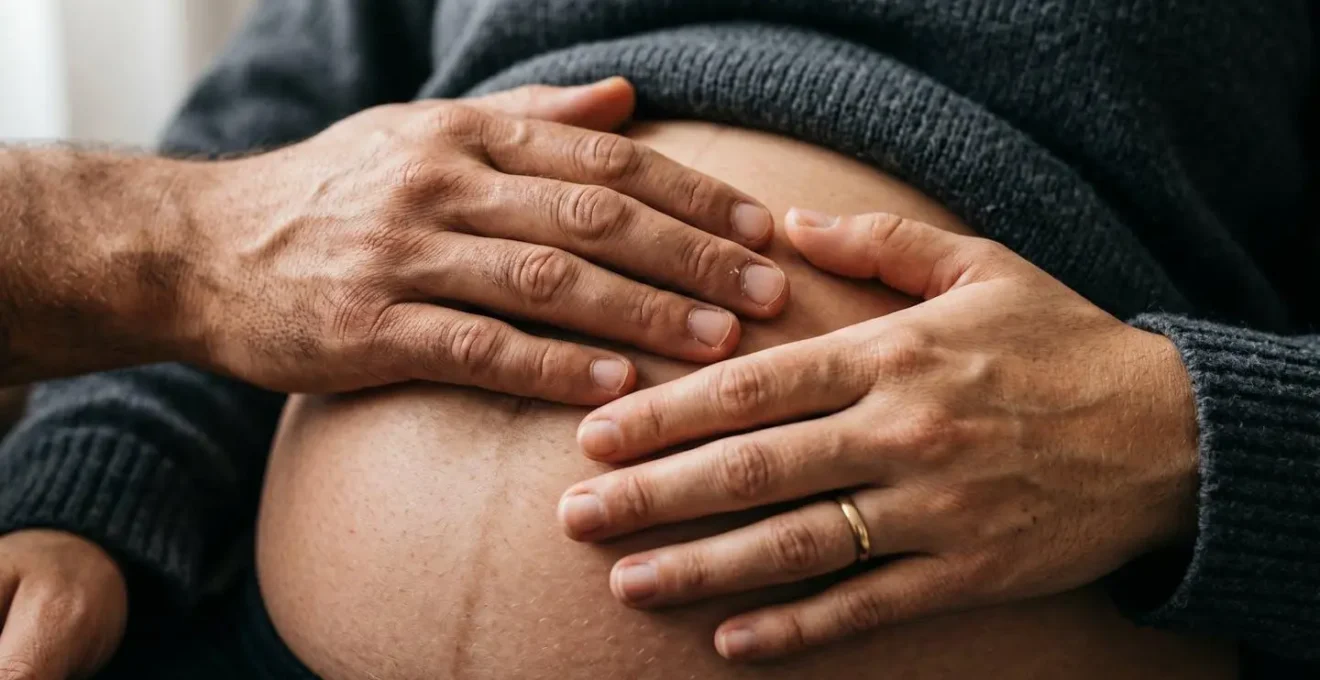 Mains des parents posées délicatement sur le ventre arrondi pendant une séance d'haptonomie