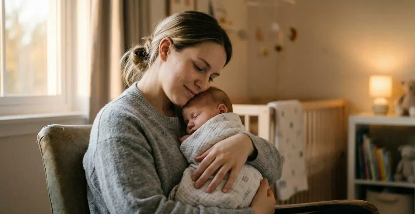 Mère berçant tendrement son nourrisson lors d'une crise de coliques en fin de journée
