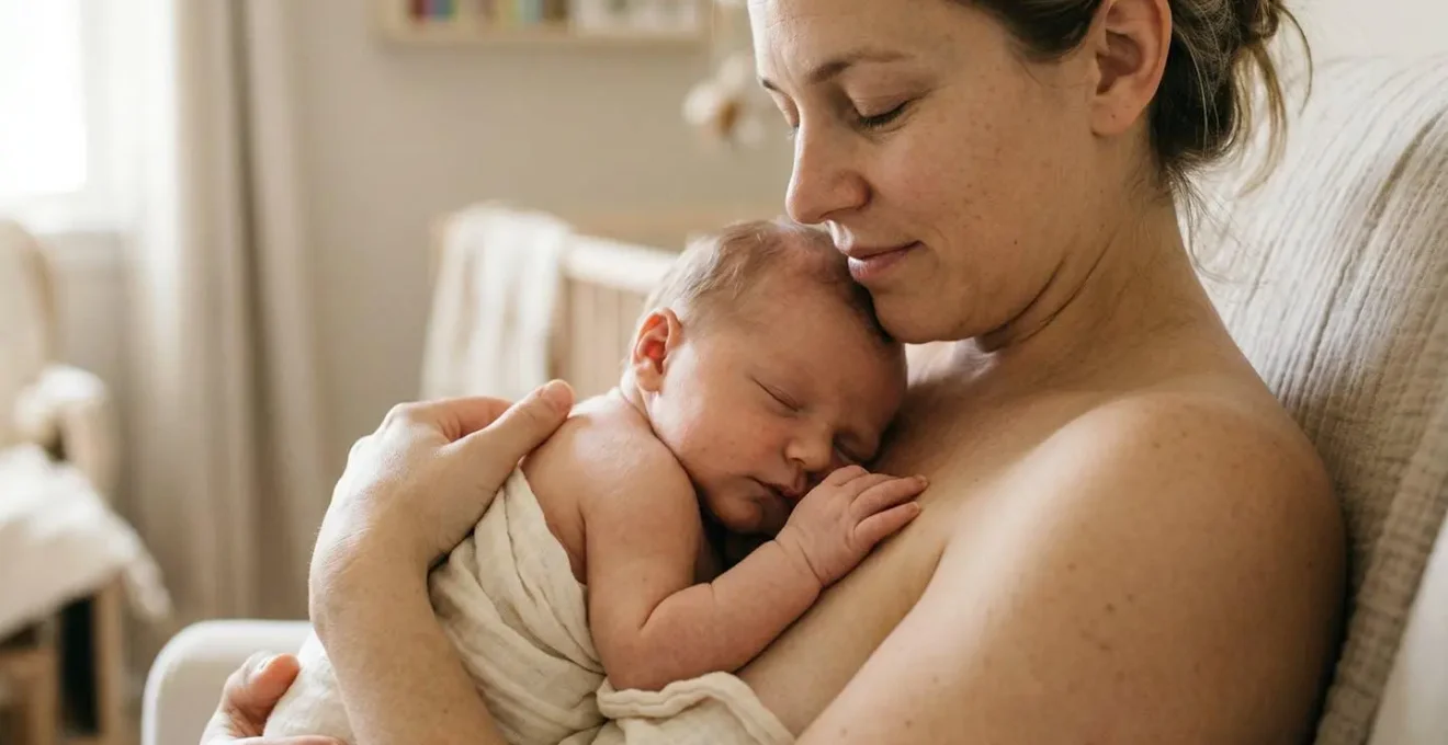 Mère tenant son nouveau-né contre sa poitrine, peau contre peau, dans un moment de connexion profonde et apaisante