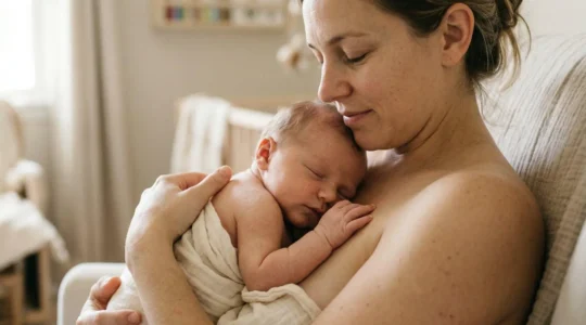 Mère tenant son nouveau-né contre sa poitrine, peau contre peau, dans un moment de connexion profonde et apaisante