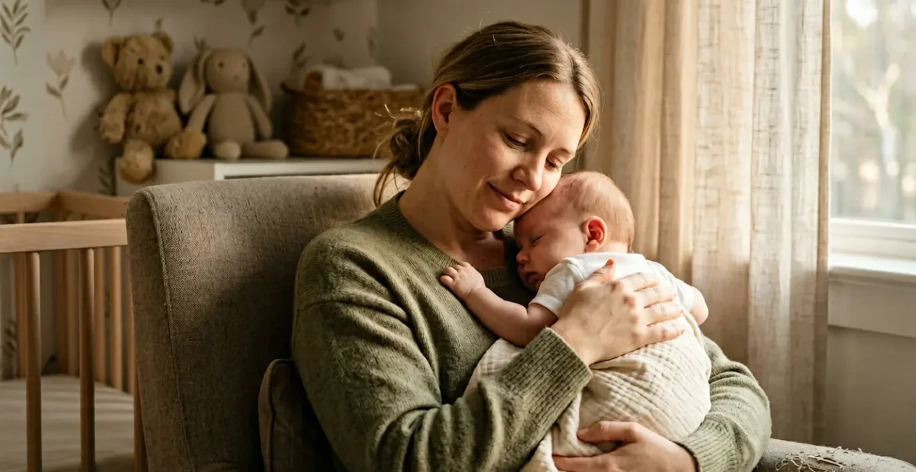 Mère berçant son bébé dans une chambre doucement éclairée pour favoriser le sommeil