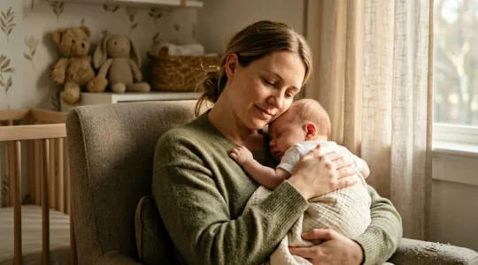 Mère berçant son bébé dans une chambre doucement éclairée pour favoriser le sommeil