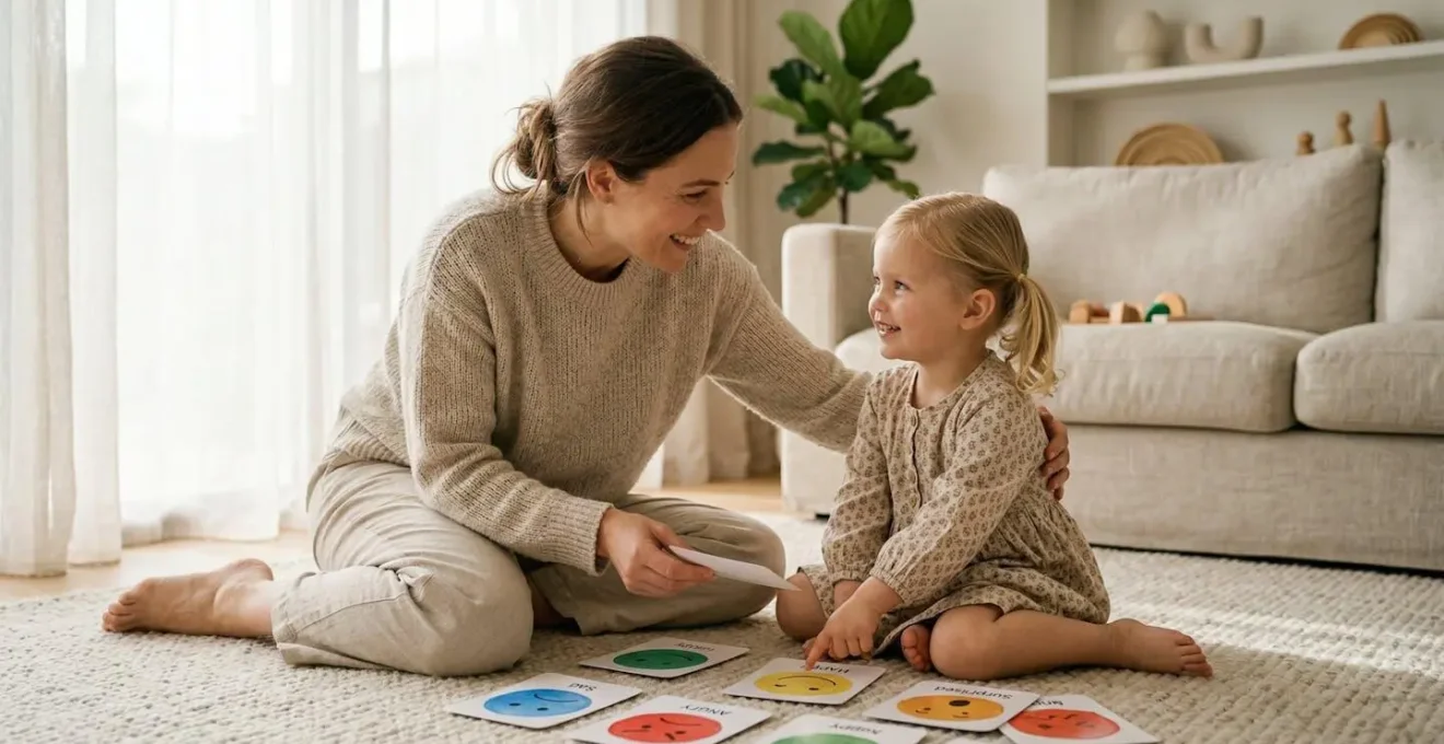 Une mère et son enfant assis côte à côte devant une roue colorée des émotions, partageant un moment d'apprentissage émotionnel