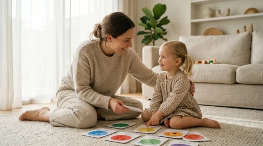 Une mère et son enfant assis côte à côte devant une roue colorée des émotions, partageant un moment d'apprentissage émotionnel