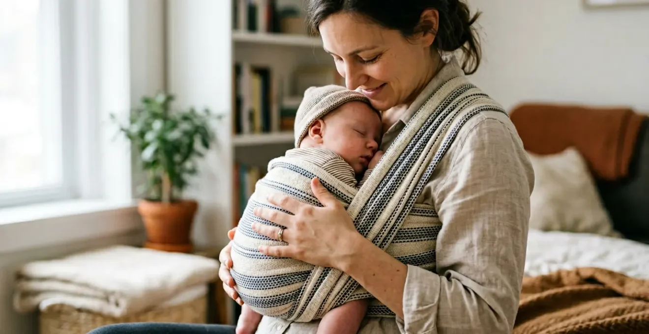 Maman portant son bébé en écharpe de portage en position physiologique contre son torse