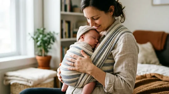 Maman portant son bébé en écharpe de portage en position physiologique contre son torse