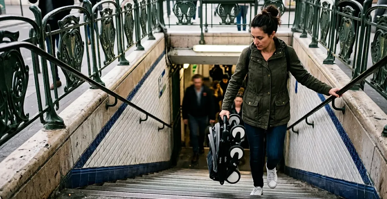 Parent gérant une poussette citadine dans les escaliers d'une station de métro parisienne