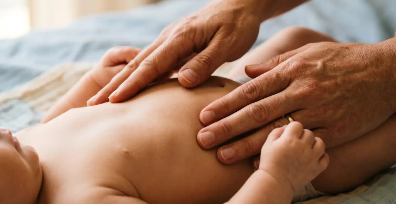 Gros plan sur les mains d'un parent massant délicatement le ventre d'un bébé