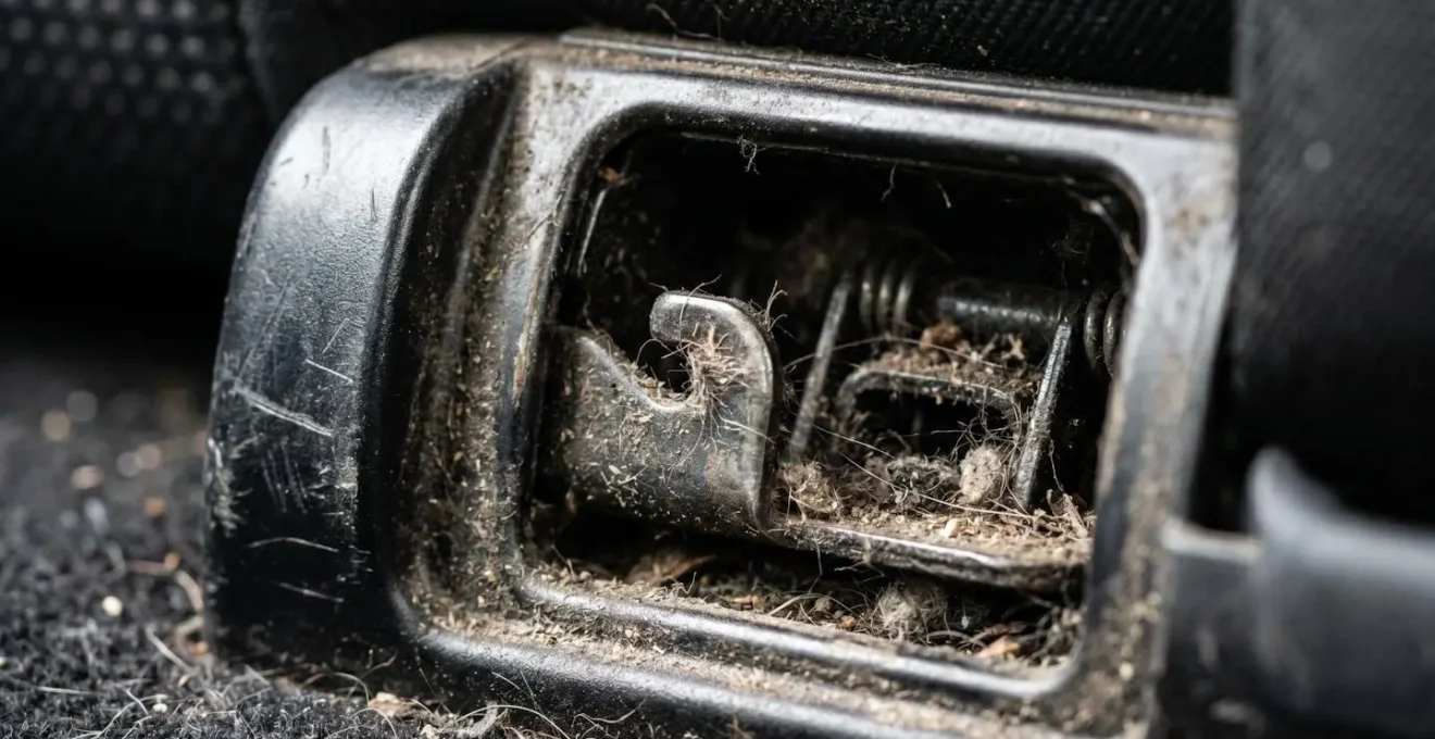 Vue macro des mécanismes Isofix avec accumulation visible de poussière et débris nécessitant un nettoyage