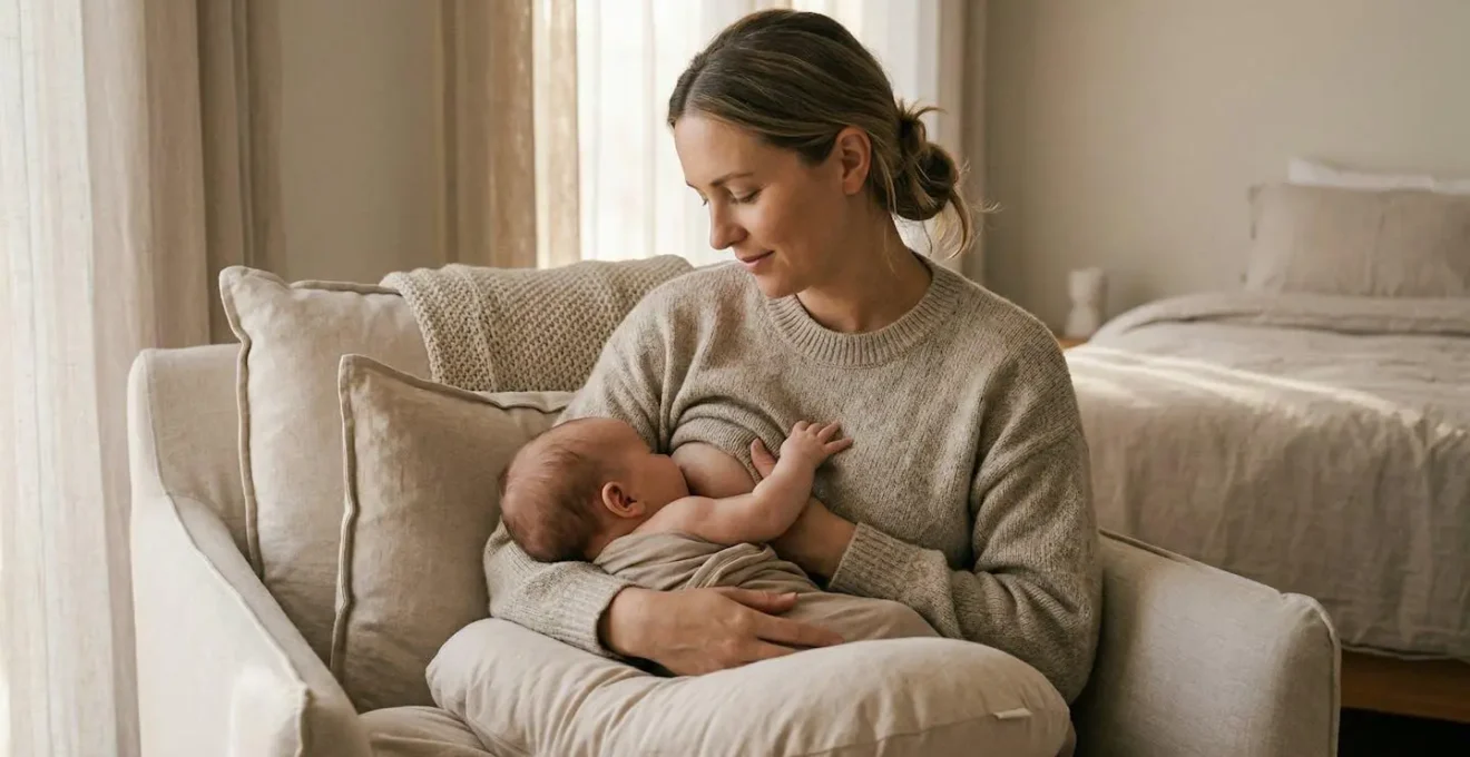 Mère allaitant sereinement son bébé dans une position ergonomique confortable, visage apaisé