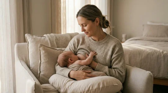 Mère allaitant sereinement son bébé dans une position ergonomique confortable, visage apaisé