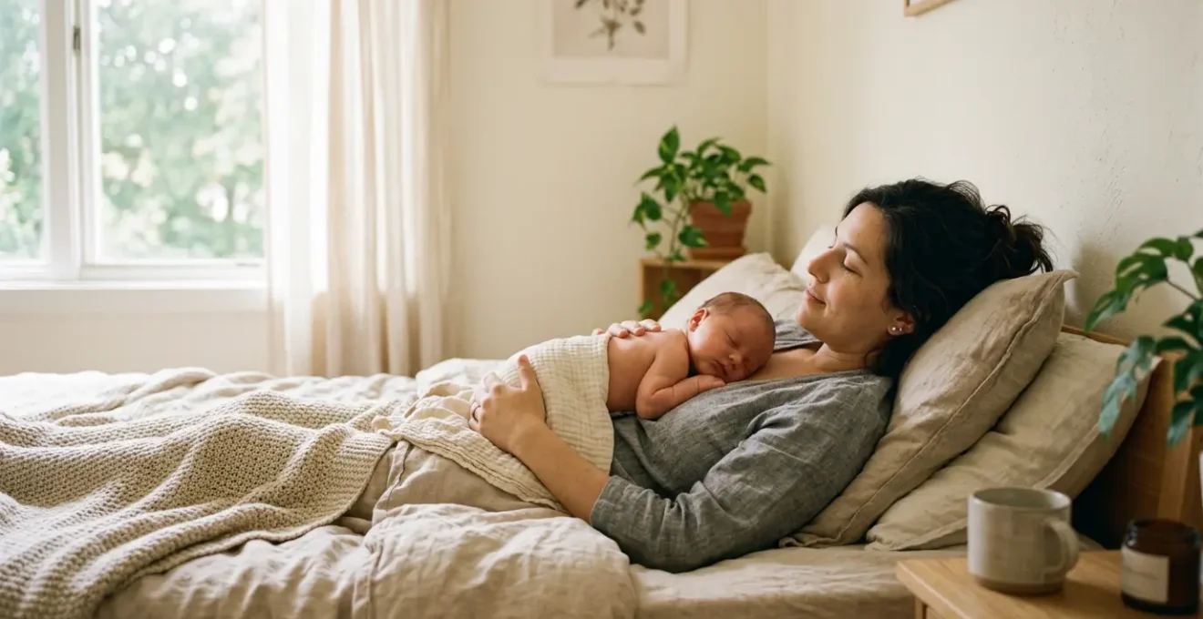 Mère allongée avec son bébé en peau à peau dans une atmosphère douce et chaleureuse