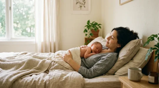 Mère allongée avec son bébé en peau à peau dans une atmosphère douce et chaleureuse
