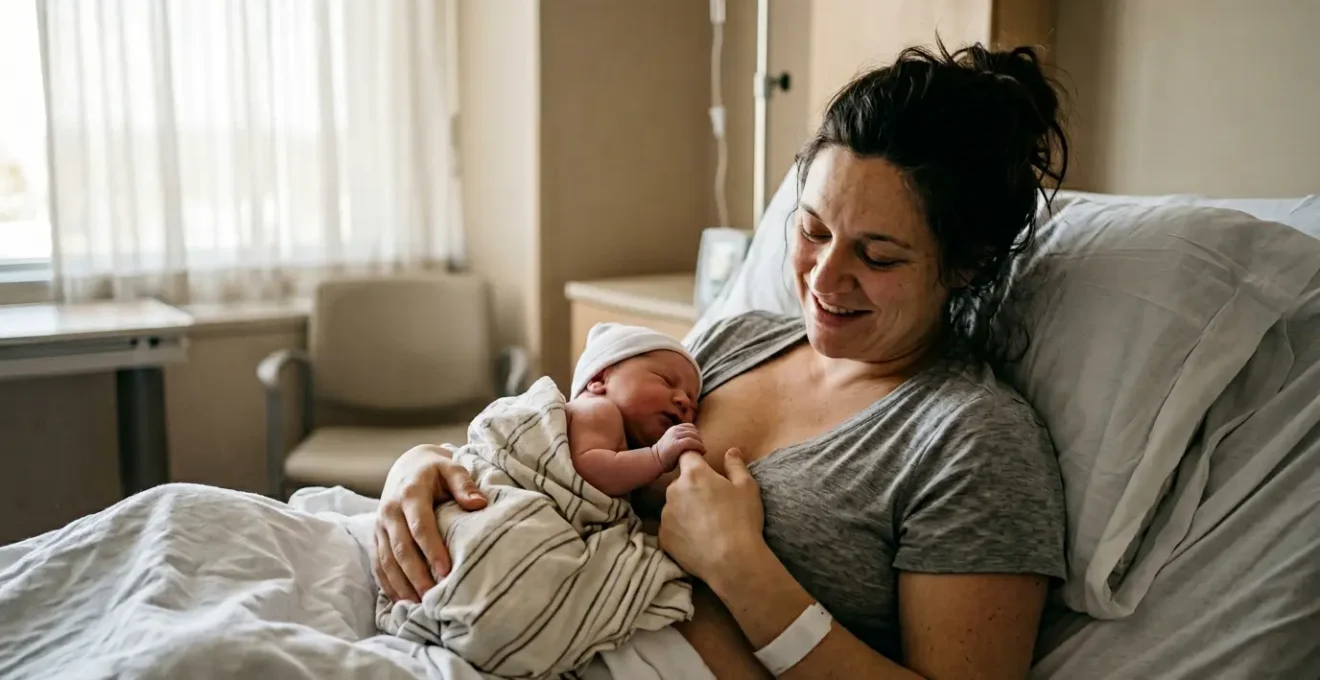 Une jeune mère allongée sereinement avec son nouveau-né en peau à peau, dans une atmosphère douce et intime