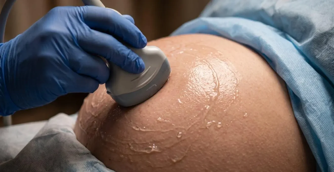 Mains d'échographiste manipulant délicatement la sonde sur un ventre arrondi