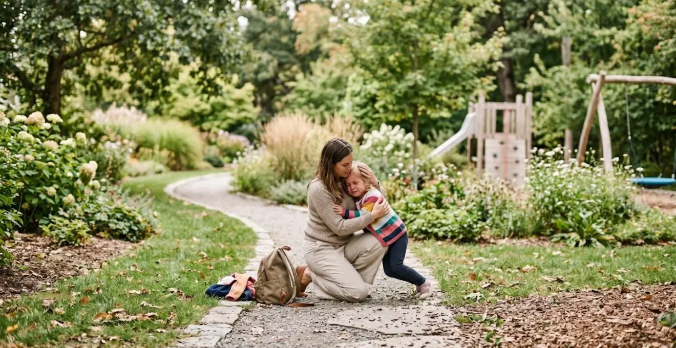 Parent accroupi au niveau de l'enfant tombé, le regardant avec empathie et validant ses émotions
