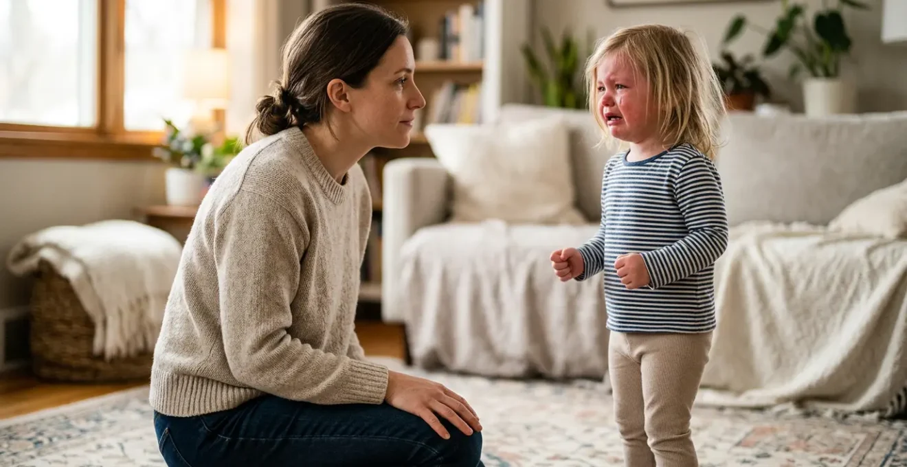Parent agenouillé à hauteur d'enfant lors d'une crise émotionnelle, montrant une posture bienveillante et empathique