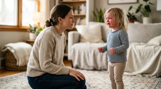 Parent agenouillé à hauteur d'enfant lors d'une crise émotionnelle, montrant une posture bienveillante et empathique