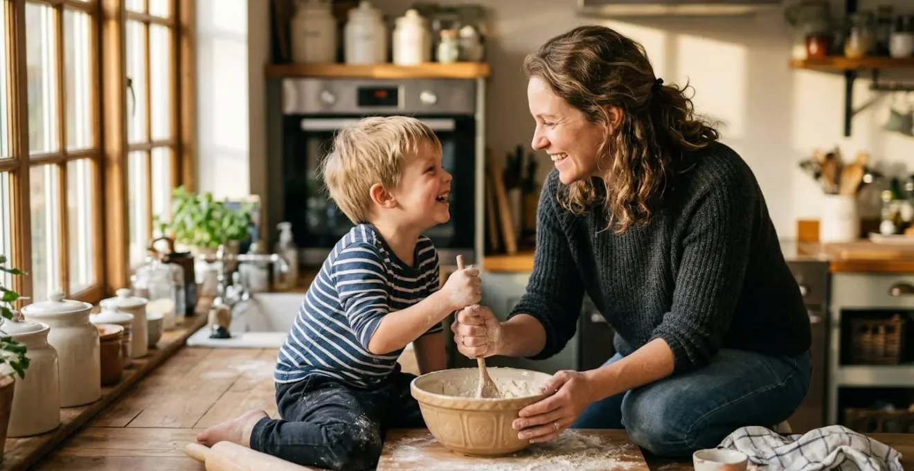 Parent et enfant collaborant dans une activité quotidienne avec sourires et complicité