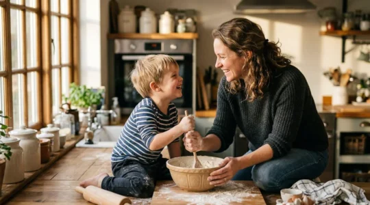 Parent et enfant collaborant dans une activité quotidienne avec sourires et complicité