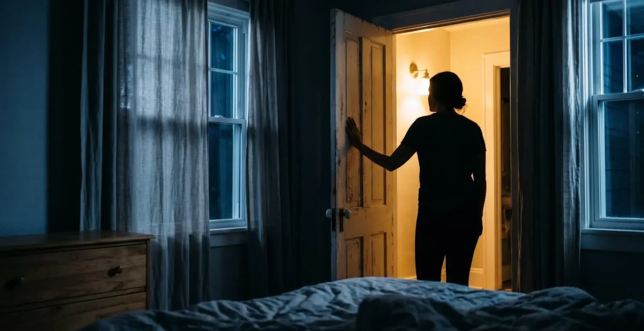 Parent observant calmement depuis le seuil de la chambre de bébé la nuit