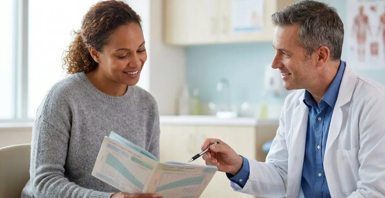 Parent attentif consultant le carnet de santé avec le pédiatre, graphiques de courbes de croissance visibles en arrière-plan flou