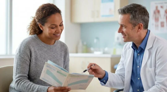 Parent attentif consultant le carnet de santé avec le pédiatre, graphiques de courbes de croissance visibles en arrière-plan flou