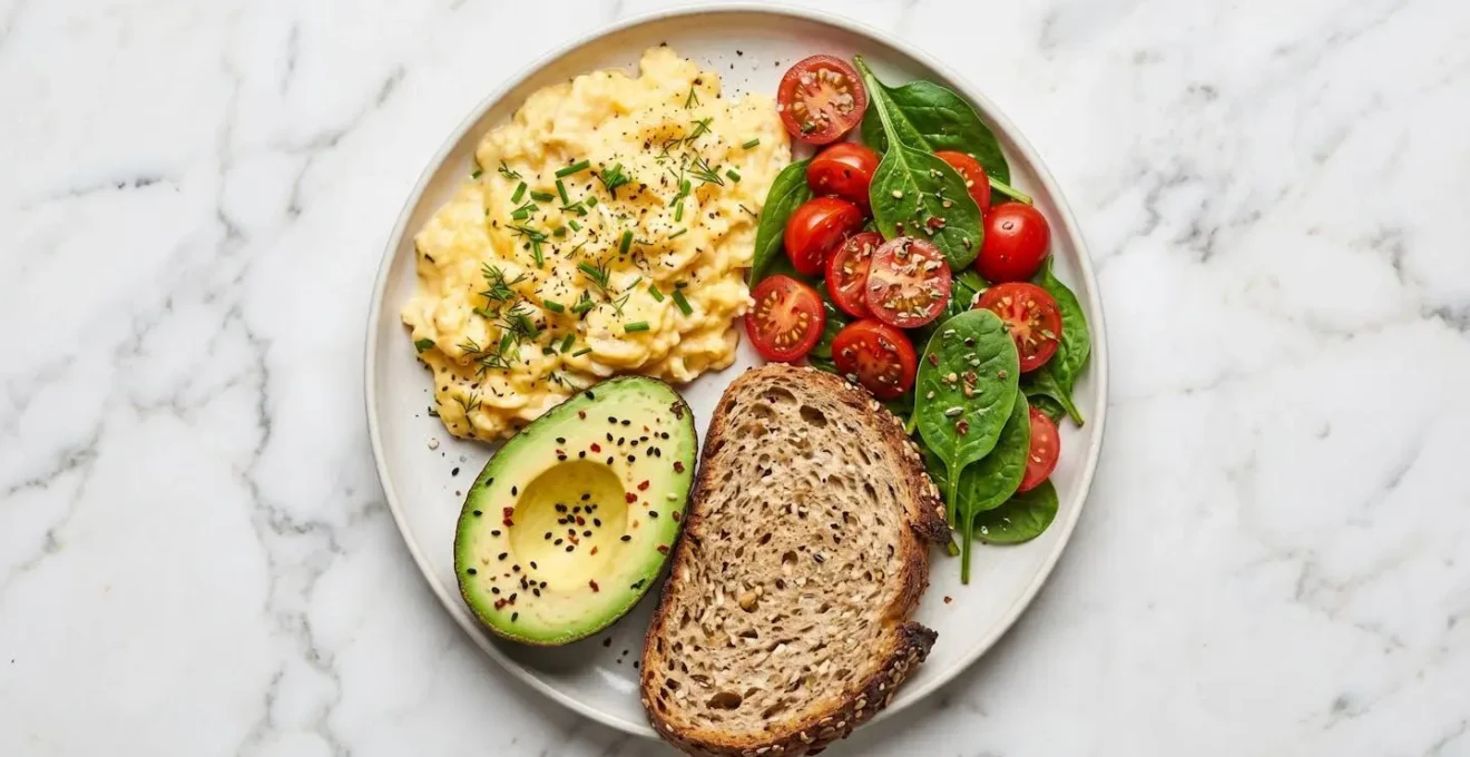 Assiette de petit-déjeuner salé équilibré avec œufs brouillés, avocat, pain complet et légumes frais