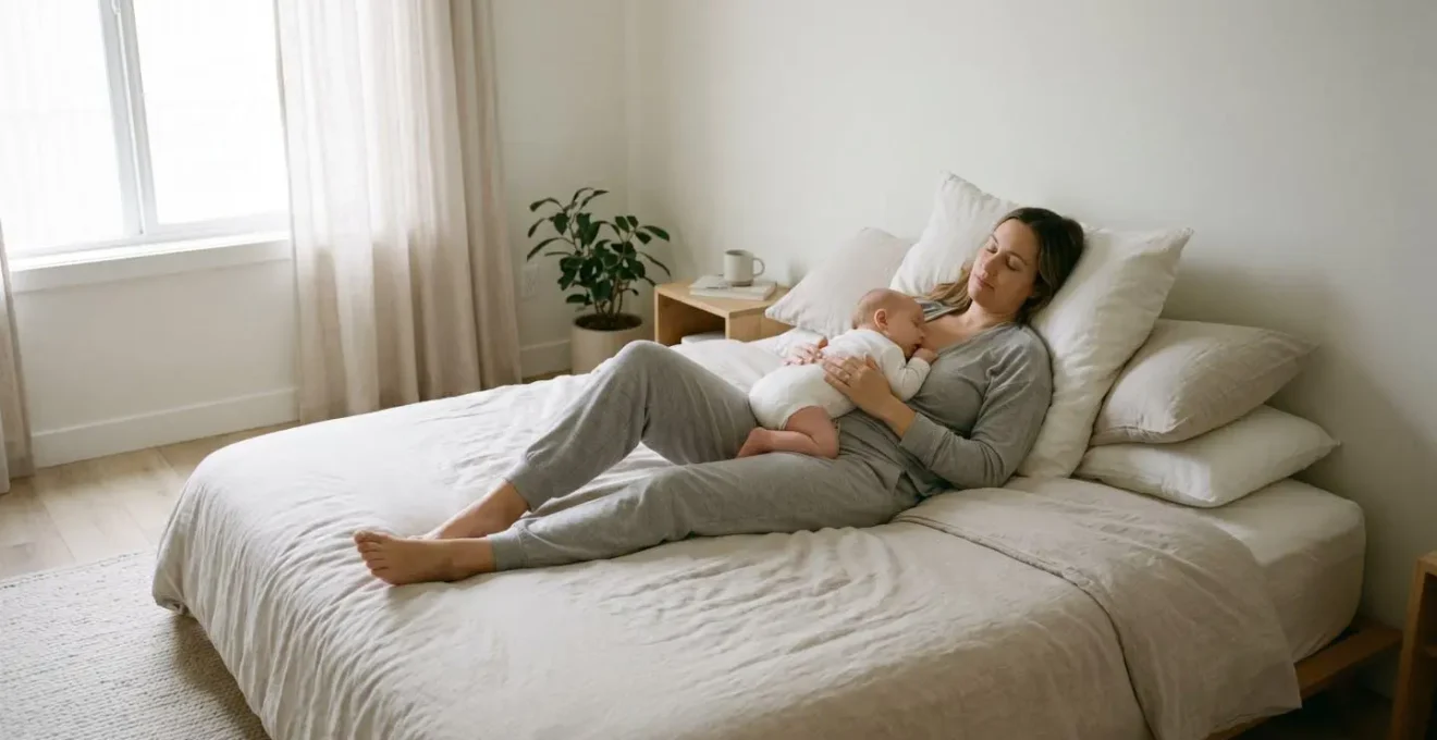 Mère allongée en position Biological Nurturing avec son bébé pour réduire les tranchées utérines