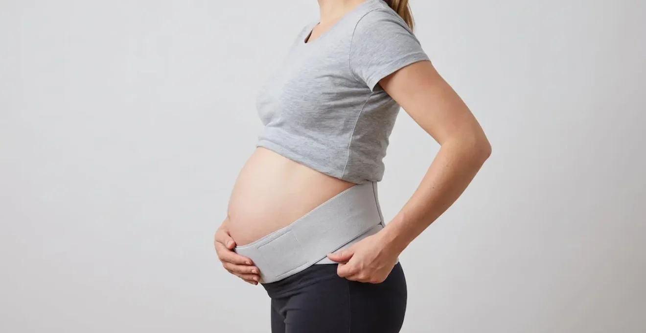 Vue latérale d'une femme enceinte montrant le placement correct d'une ceinture de grossesse sur les repères anatomiques du bassin.