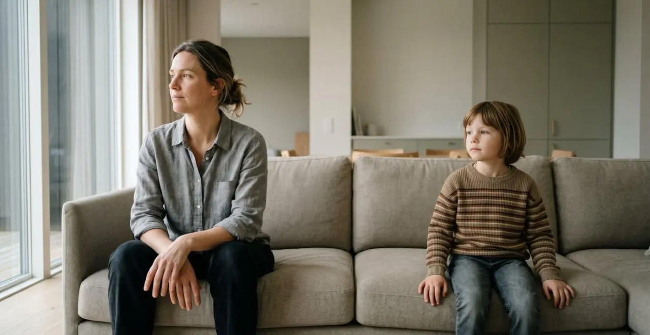 Parent et enfant assis côte à côte sur un canapé dans une posture détendue et ouverte
