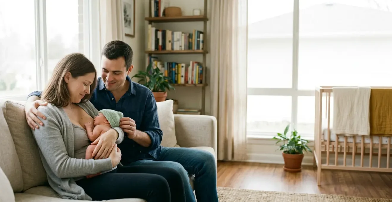 Jeunes parents avec leur nouveau-né lors des premiers jours à la maison après le retour de maternité