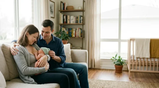 Jeunes parents avec leur nouveau-né lors des premiers jours à la maison après le retour de maternité