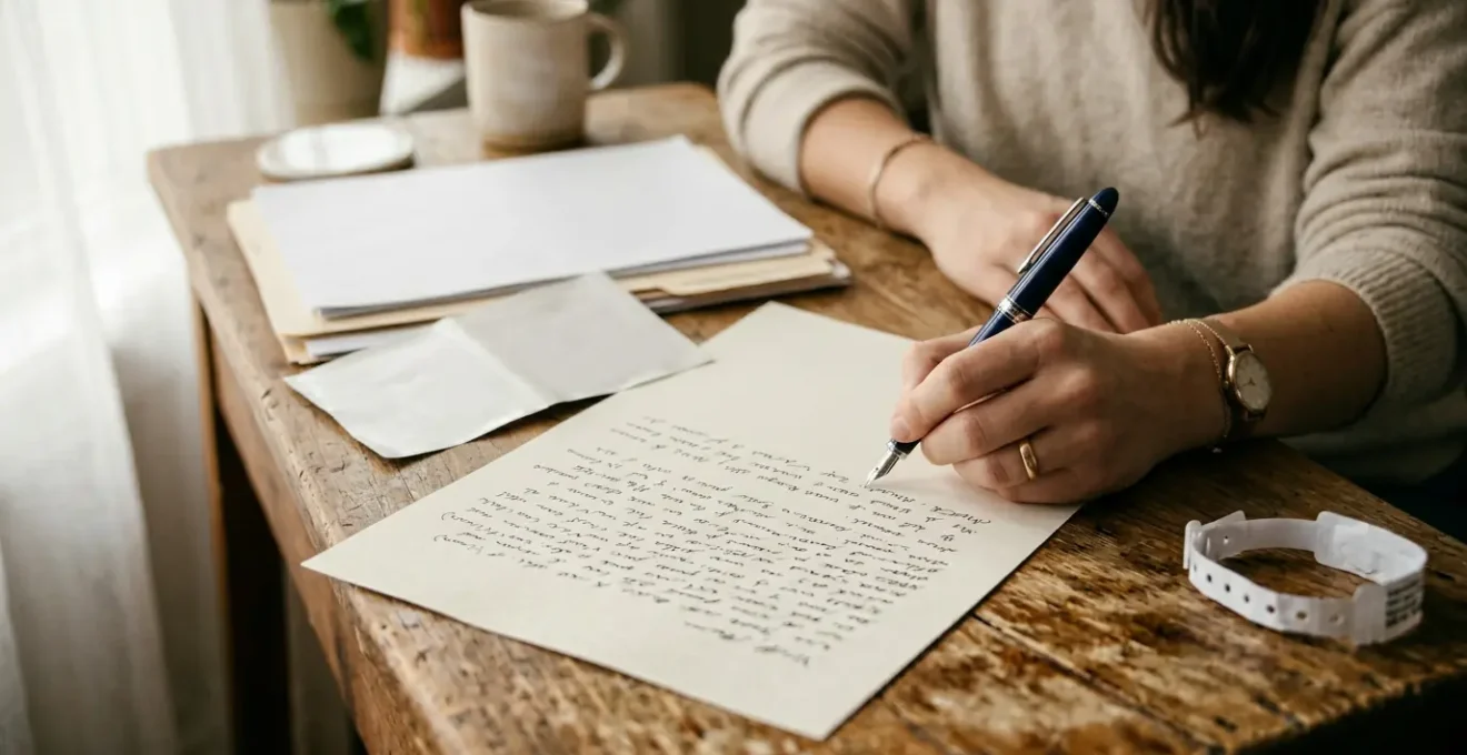 Main rédigeant un document sur un bureau avec stylo plume, environnement médical en arrière-plan