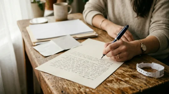 Main rédigeant un document sur un bureau avec stylo plume, environnement médical en arrière-plan