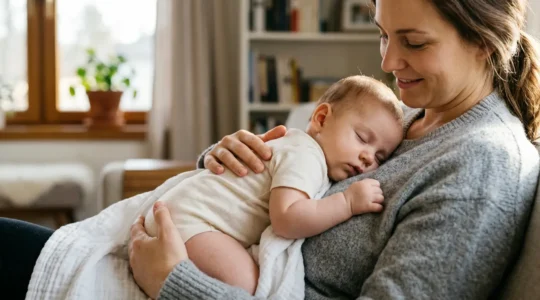 Bébé installé dans une position physiologique correcte avec dos arrondi et genoux relevés en position M