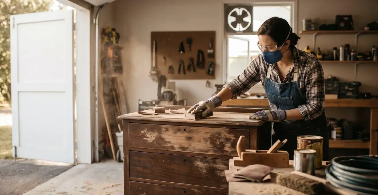 Un parent rénove un meuble pour bébé dans un atelier bien ventilé, portant masque et gants.