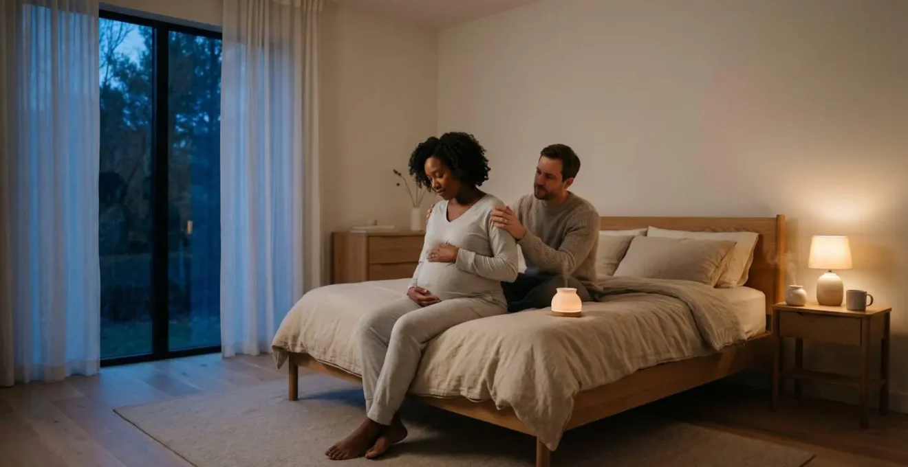Scène intime du rituel d'endormissement prénatal dans une chambre baignée de lumière douce