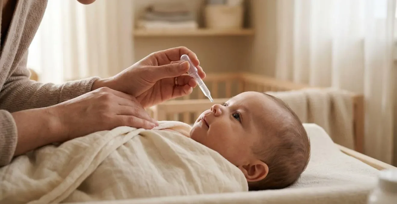 Maman tenant délicatement une pipette de sérum physiologique près du visage paisible de son bébé dans une ambiance douce et lumineuse